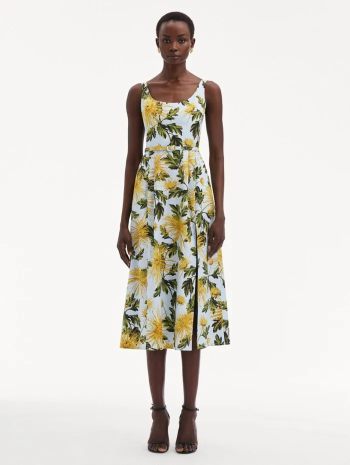 Oscar De La Renta Chrysanthemum Cotton Poplin Tank Dress Yellow Light Blue Women Dresses