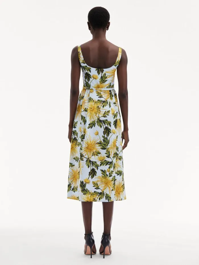 Oscar De La Renta Chrysanthemum Cotton Poplin Tank Dress Yellow Light Blue Women Dresses