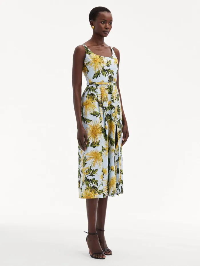 Oscar De La Renta Chrysanthemum Cotton Poplin Tank Dress Yellow Light Blue Women Dresses