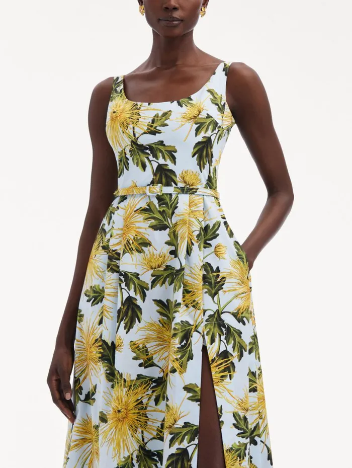 Oscar De La Renta Chrysanthemum Cotton Poplin Tank Dress Yellow Light Blue Women Dresses
