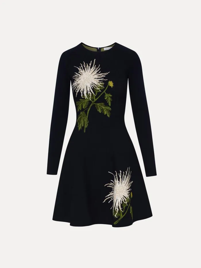 Oscar De La Renta Chrysanthemum Jacquard Long Sleeve Dress White Navy Women Dresses