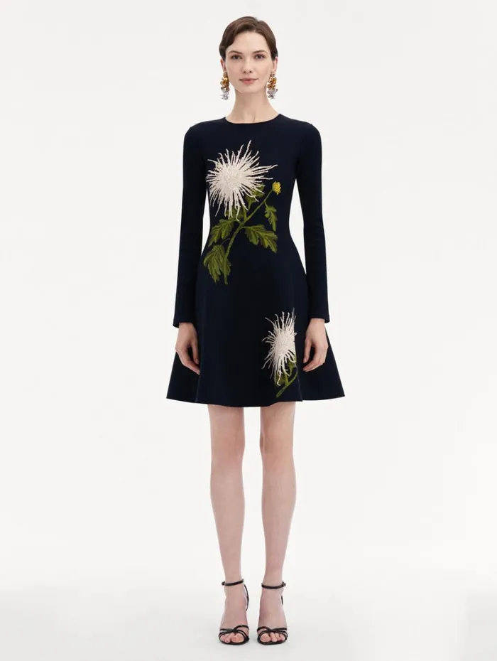 Oscar De La Renta Chrysanthemum Jacquard Long Sleeve Dress White Navy Women Dresses Oscar De La Renta Chrysanthemum Jacquard Long Sleeve Dress White Navy Women Dresses