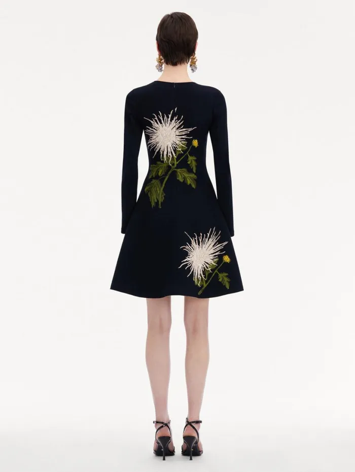 Oscar De La Renta Chrysanthemum Jacquard Long Sleeve Dress White Navy Women Dresses Oscar De La Renta Chrysanthemum Jacquard Long Sleeve Dress White Navy Women Dresses