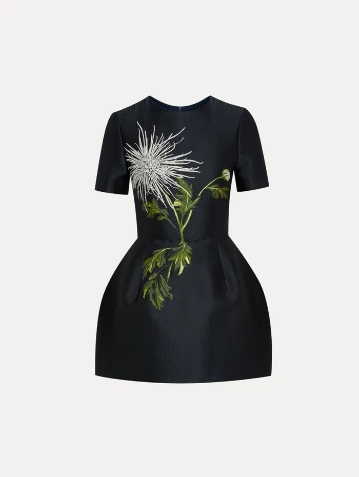 Oscar De La Renta Chrysanthemum Jacquard Short Sleeve Dress White Navy Women Dresses