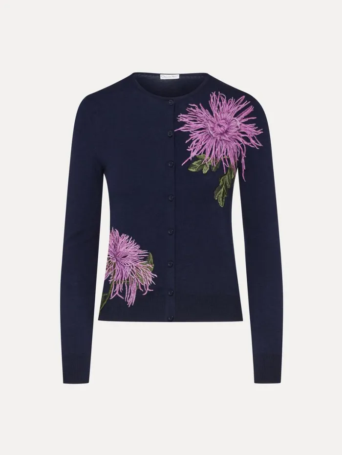 Oscar De La Renta Chrysanthemum Threadwork Cardigan Navy Women Blouses and Knits