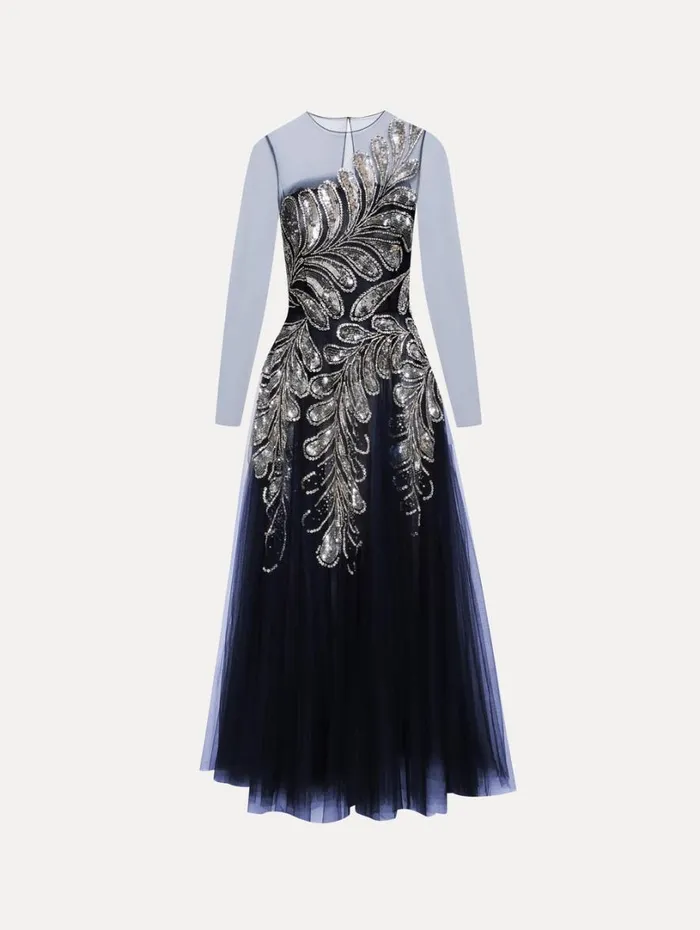 Oscar De La Renta Fern Crystal Embroidered Cocktail Dress Navy Silver Women Dresses