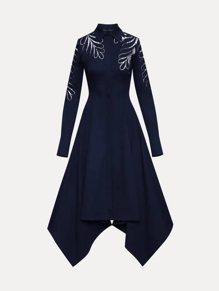 Oscar De La Renta Fern Cutout Cotton Twill Dress Navy Women Dresses