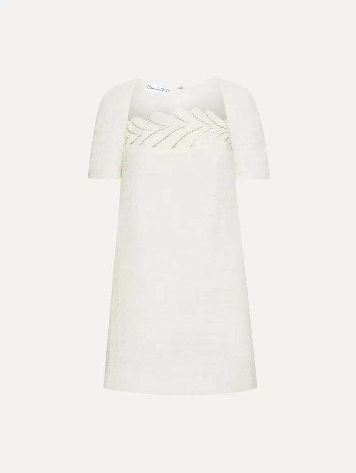 Oscar De La Renta Fern Embroidered Tweed Shift Dress Ivory Women Dresses