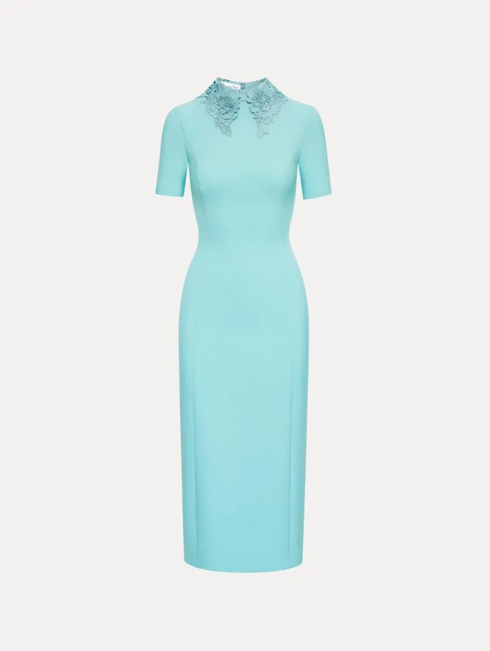 Oscar De La Renta Floral Guipure Collar Midi Dress Soft Mint Women Dresses