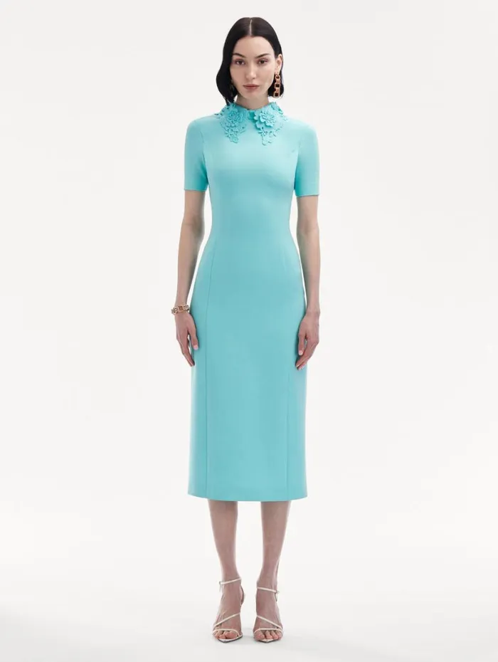 Oscar De La Renta Floral Guipure Collar Midi Dress Soft Mint Women Dresses