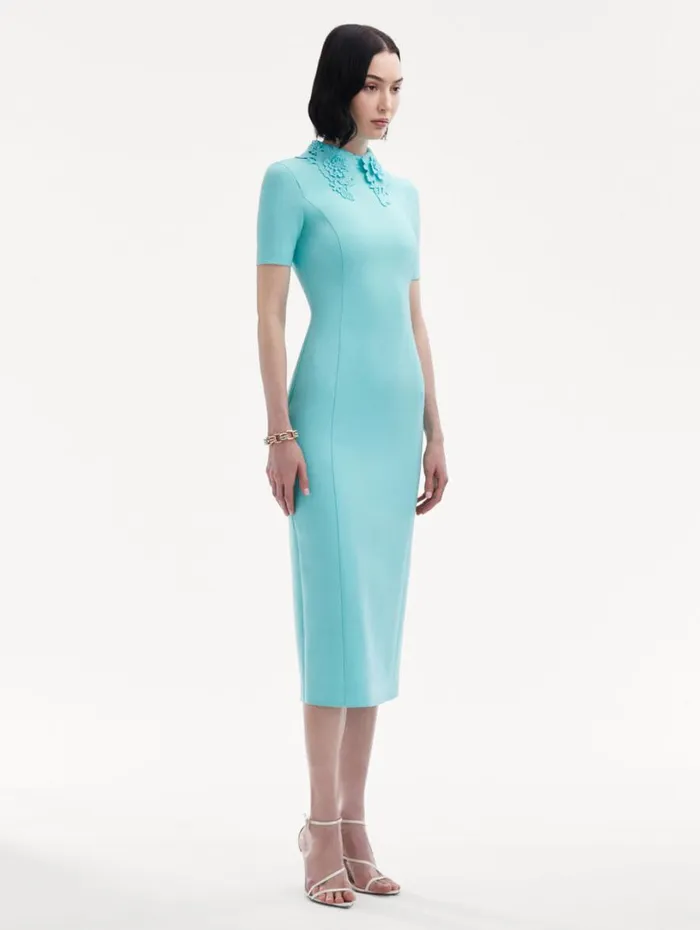 Oscar De La Renta Floral Guipure Collar Midi Dress Soft Mint Women Dresses