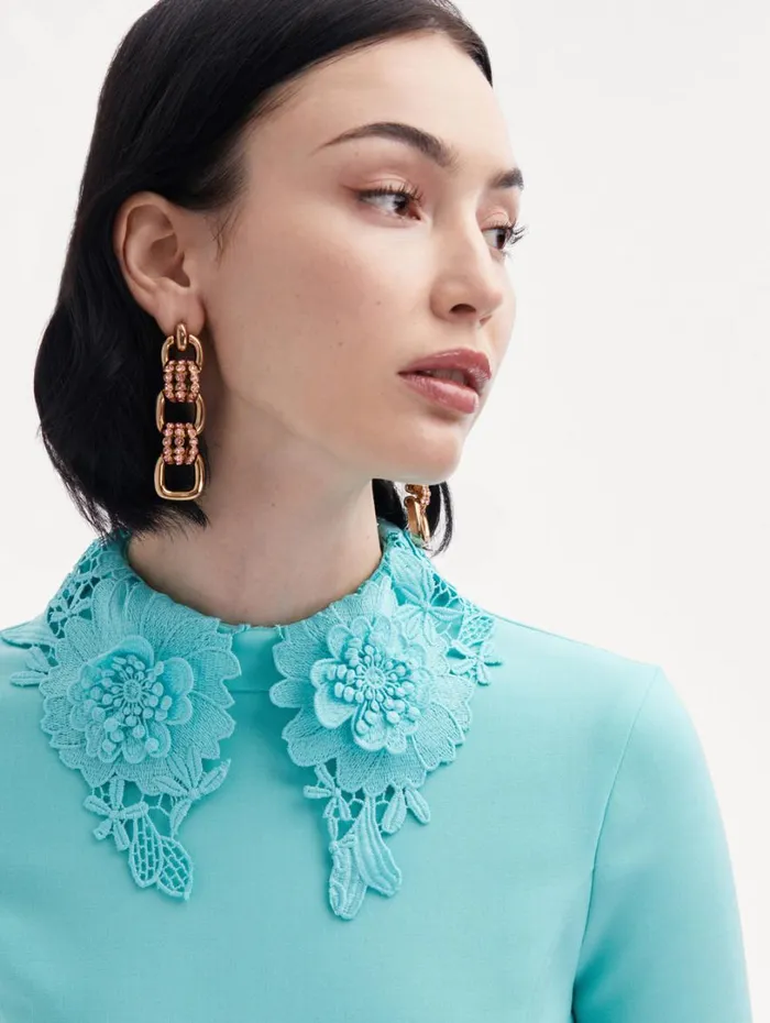 Oscar De La Renta Floral Guipure Collar Midi Dress Soft Mint Women Dresses