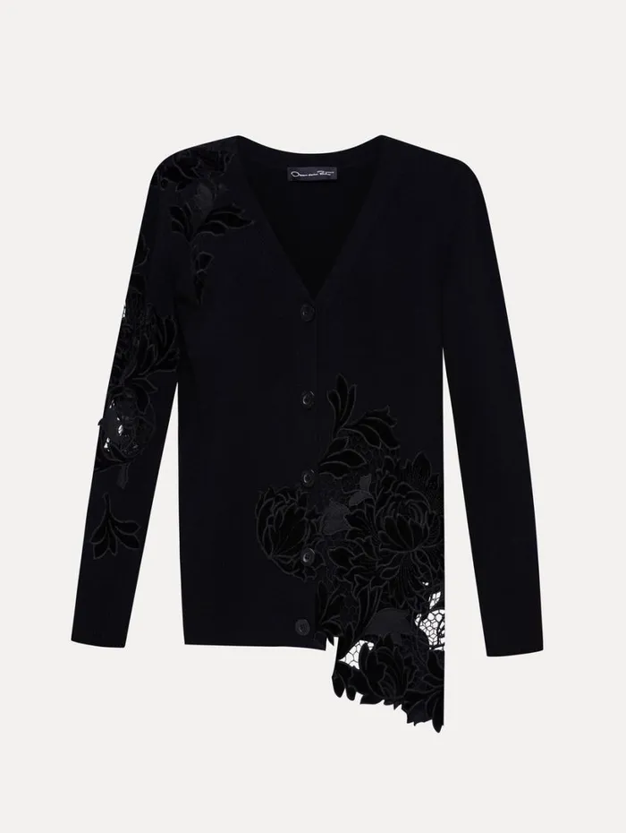 Oscar De La Renta Guipure Inset Long Cardigan Black Women Blouses and Knits