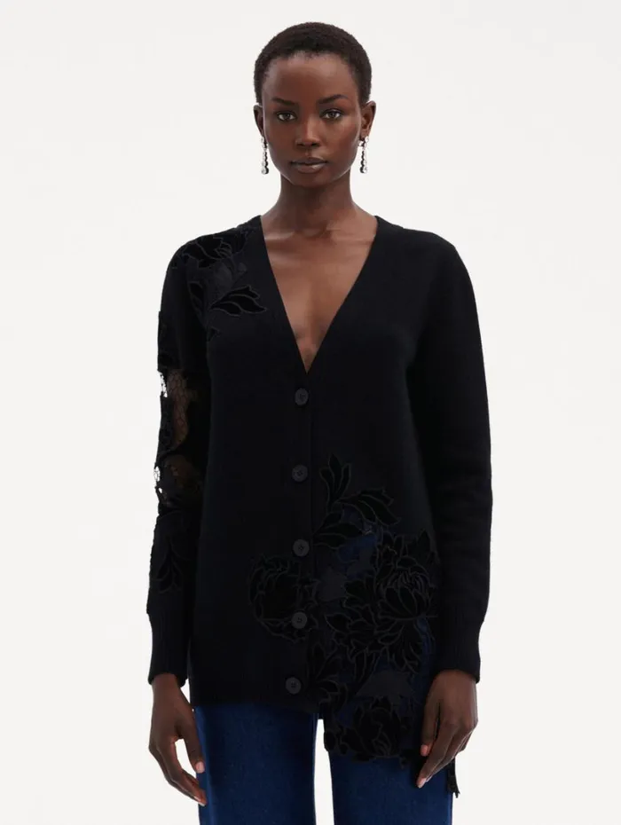 Oscar De La Renta Guipure Inset Long Cardigan Black Women Blouses and Knits Oscar De La Renta Guipure Inset Long Cardigan Black Women Blouses and Knits