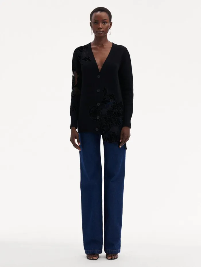 Oscar De La Renta Guipure Inset Long Cardigan Black Women Blouses and Knits Oscar De La Renta Guipure Inset Long Cardigan Black Women Blouses and Knits