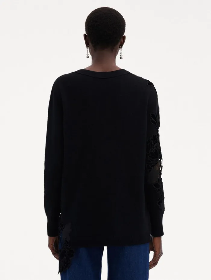 Oscar De La Renta Guipure Inset Long Cardigan Black Women Blouses and Knits Oscar De La Renta Guipure Inset Long Cardigan Black Women Blouses and Knits
