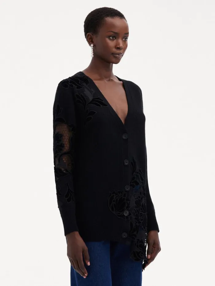 Oscar De La Renta Guipure Inset Long Cardigan Black Women Blouses and Knits Oscar De La Renta Guipure Inset Long Cardigan Black Women Blouses and Knits