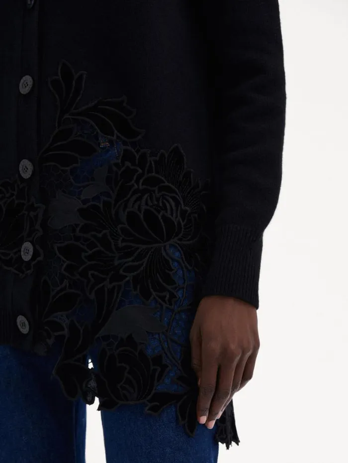 Oscar De La Renta Guipure Inset Long Cardigan Black Women Blouses and Knits Oscar De La Renta Guipure Inset Long Cardigan Black Women Blouses and Knits