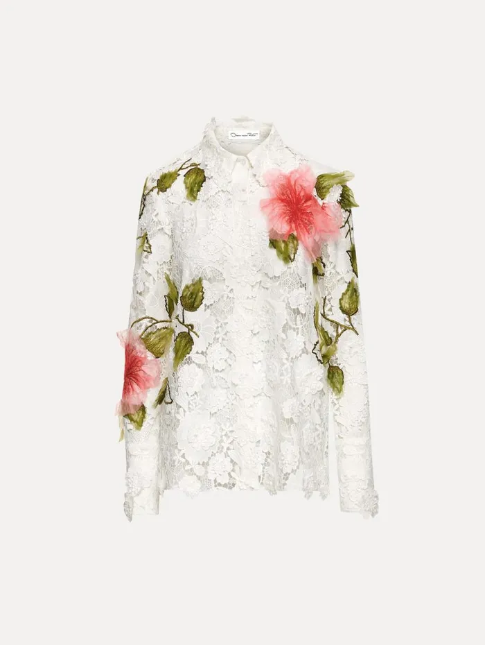 Oscar De La Renta Hibiscus Embroidered Floral Guipure Blouse White Women Blouses and Knits