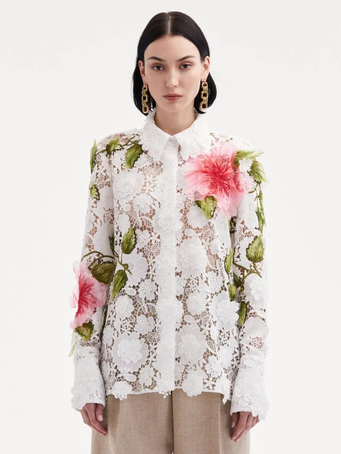 Oscar De La Renta Hibiscus Embroidered Floral Guipure Blouse White Women Blouses and Knits