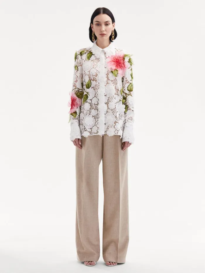 Oscar De La Renta Hibiscus Embroidered Floral Guipure Blouse White Women Blouses and Knits