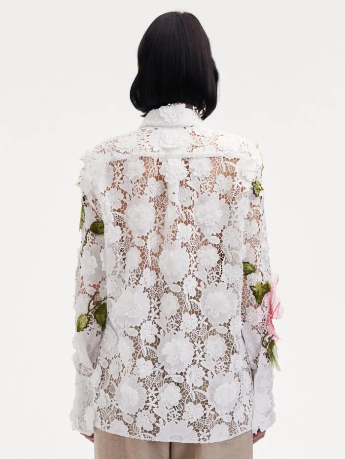 Oscar De La Renta Hibiscus Embroidered Floral Guipure Blouse White Women Blouses and Knits
