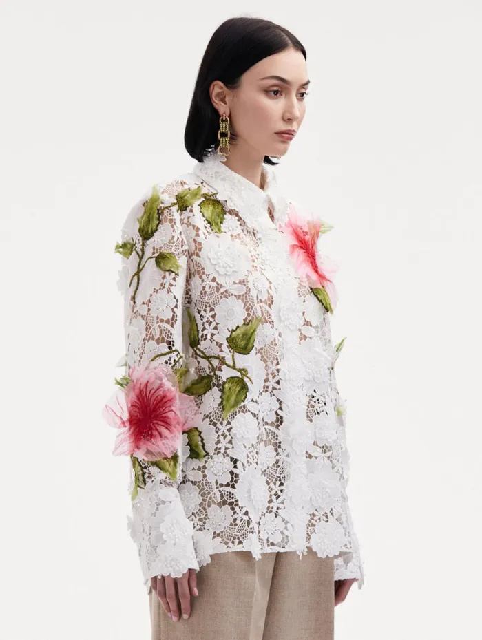 Oscar De La Renta Hibiscus Embroidered Floral Guipure Blouse White Women Blouses and Knits