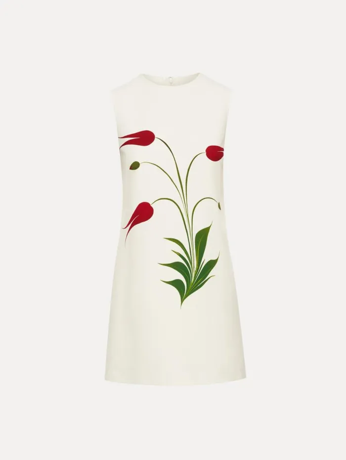 Oscar De La Renta Marbled Tulip Shift Dress Ivory Red Women Dresses