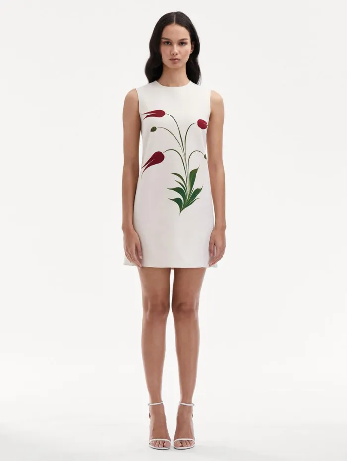 Oscar De La Renta Marbled Tulip Shift Dress Ivory Red Women Dresses Oscar De La Renta Marbled Tulip Shift Dress Ivory Red Women Dresses