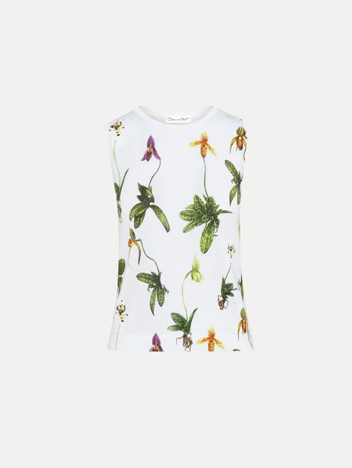 Oscar De La Renta Orchid Printed Tank Light Blue Multi Women Blouses and Knits
