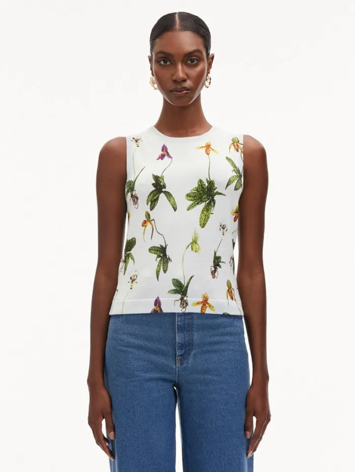 Oscar De La Renta Orchid Printed Tank Light Blue Multi Women Blouses and Knits Oscar De La Renta Orchid Printed Tank Light Blue Multi Women Blouses and Knits