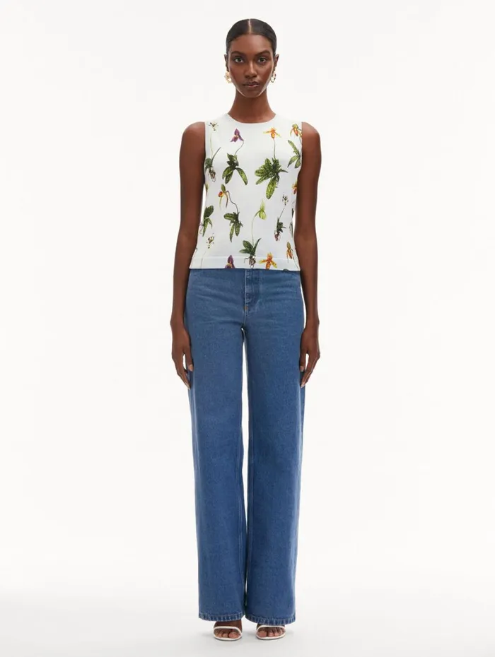 Oscar De La Renta Orchid Printed Tank Light Blue Multi Women Blouses and Knits Oscar De La Renta Orchid Printed Tank Light Blue Multi Women Blouses and Knits