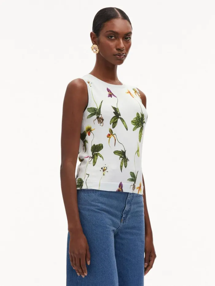 Oscar De La Renta Orchid Printed Tank Light Blue Multi Women Blouses and Knits Oscar De La Renta Orchid Printed Tank Light Blue Multi Women Blouses and Knits