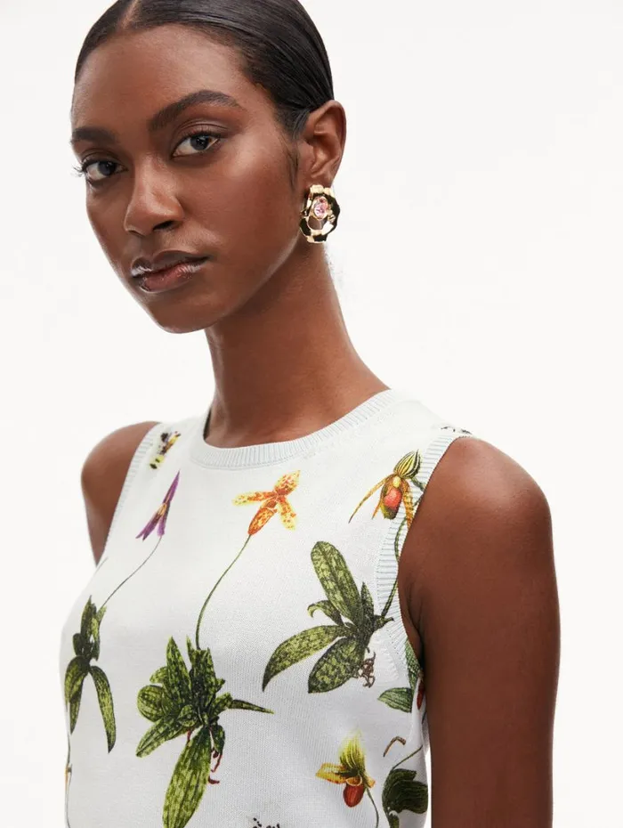 Oscar De La Renta Orchid Printed Tank Light Blue Multi Women Blouses and Knits Oscar De La Renta Orchid Printed Tank Light Blue Multi Women Blouses and Knits