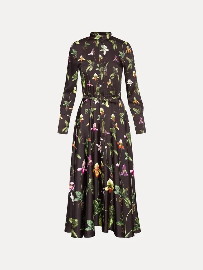 Oscar De La Renta Orchid Silk Twill Dress Brown Multi Women Dresses