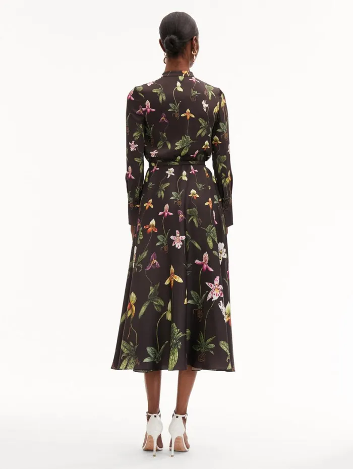 Oscar De La Renta Orchid Silk Twill Dress Brown Multi Women Dresses Oscar De La Renta Orchid Silk Twill Dress Brown Multi Women Dresses