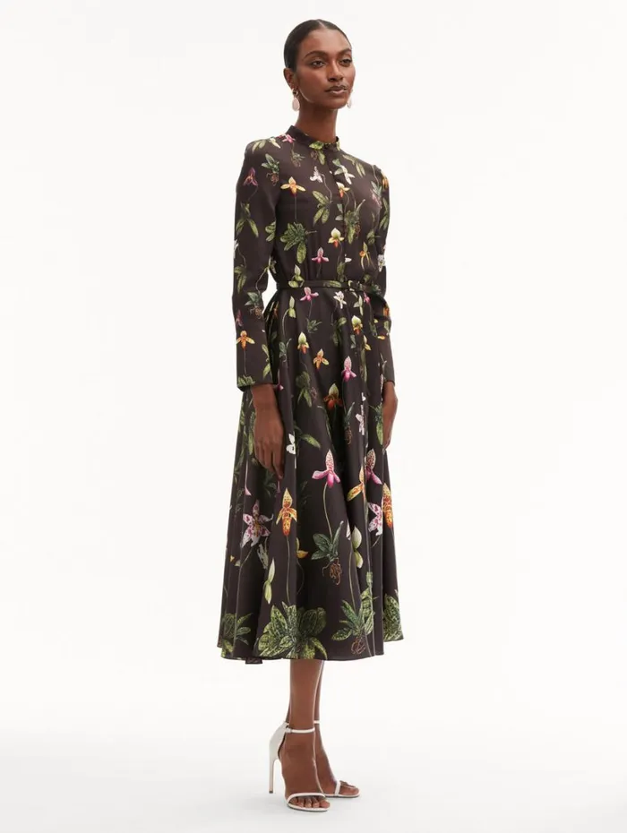 Oscar De La Renta Orchid Silk Twill Dress Brown Multi Women Dresses Oscar De La Renta Orchid Silk Twill Dress Brown Multi Women Dresses