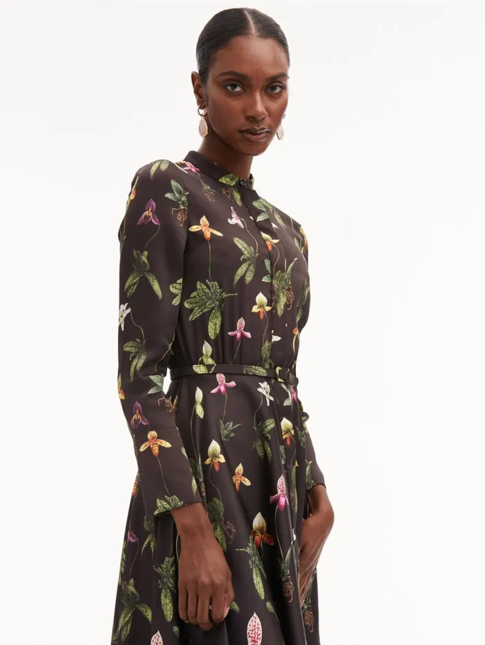Oscar De La Renta Orchid Silk Twill Dress Brown Multi Women Dresses Oscar De La Renta Orchid Silk Twill Dress Brown Multi Women Dresses