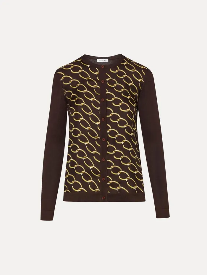 Oscar De La Renta Oscar ChainLink Inset Cardigan Cafe Gold Women Blouses and Knits