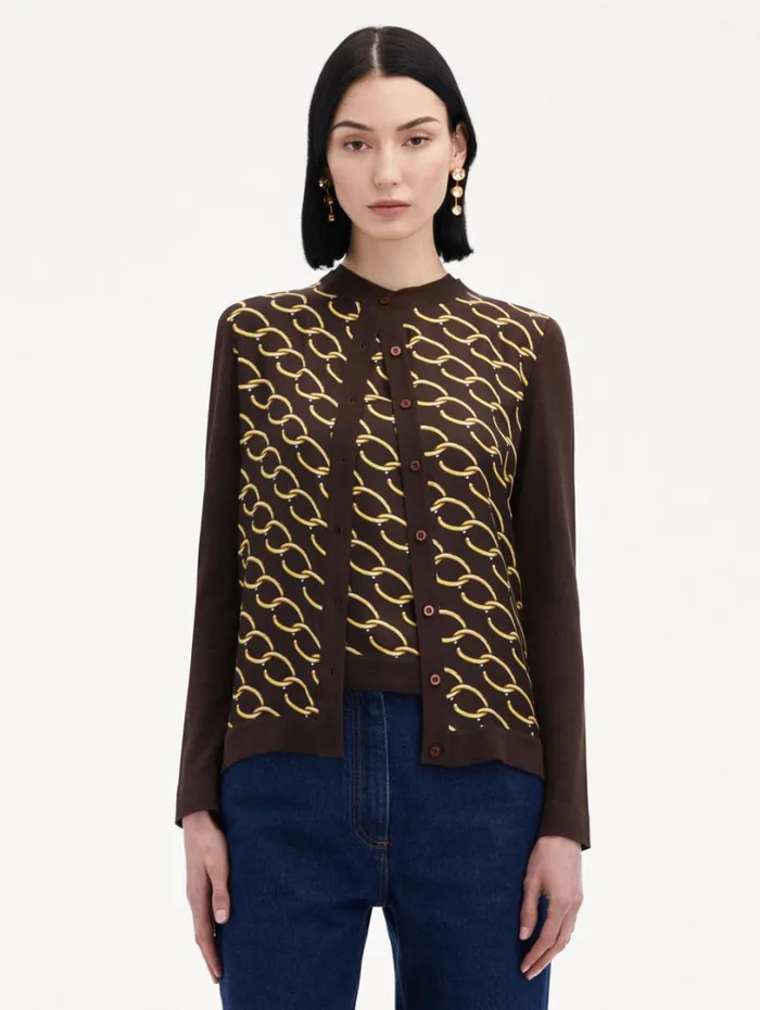 Oscar De La Renta Oscar ChainLink Inset Cardigan Cafe Gold Women Blouses and Knits Oscar De La Renta Oscar ChainLink Inset Cardigan Cafe Gold Women Blouses and Knits