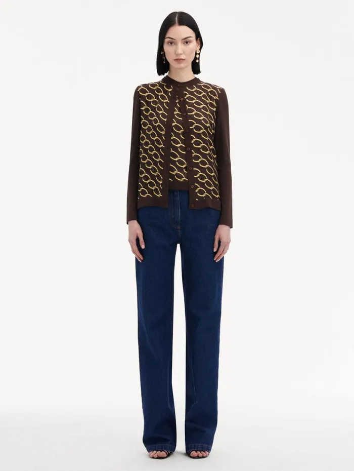 Oscar De La Renta Oscar ChainLink Inset Cardigan Cafe Gold Women Blouses and Knits Oscar De La Renta Oscar ChainLink Inset Cardigan Cafe Gold Women Blouses and Knits