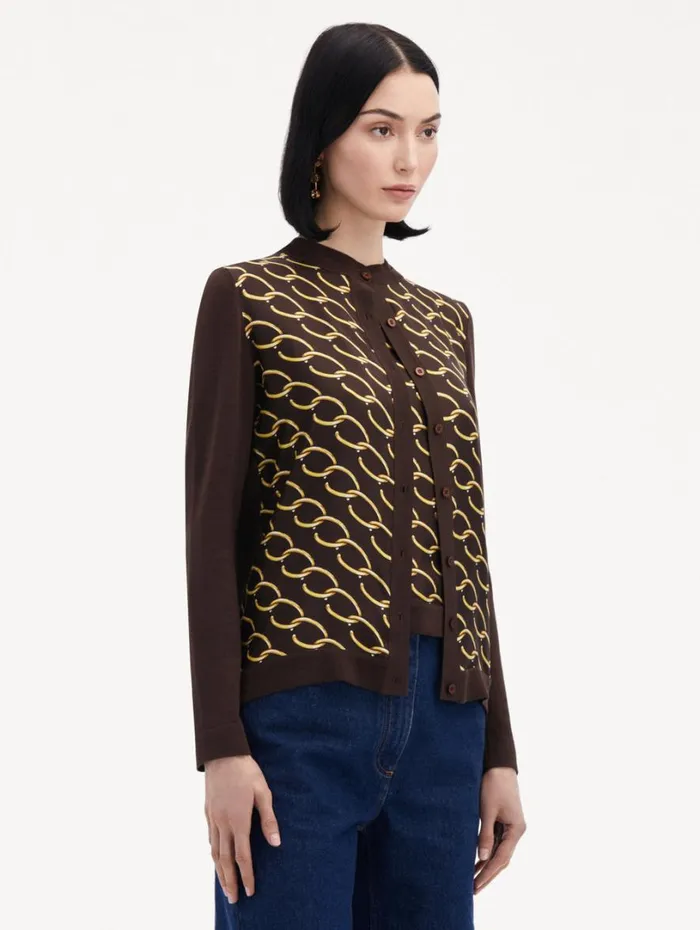 Oscar De La Renta Oscar ChainLink Inset Cardigan Cafe Gold Women Blouses and Knits Oscar De La Renta Oscar ChainLink Inset Cardigan Cafe Gold Women Blouses and Knits