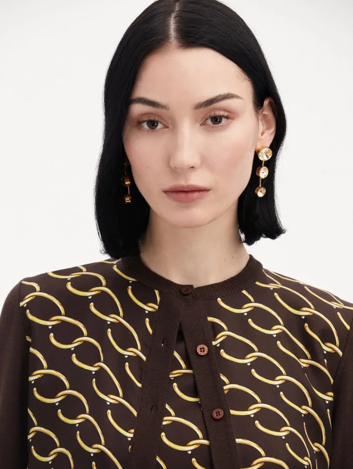 Oscar De La Renta Oscar ChainLink Inset Cardigan Cafe Gold Women Blouses and Knits Oscar De La Renta Oscar ChainLink Inset Cardigan Cafe Gold Women Blouses and Knits