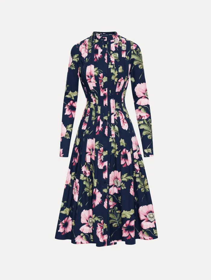 Oscar De La Renta Poppy Cotton Poplin Midi Dress Navy Pink Women Dresses