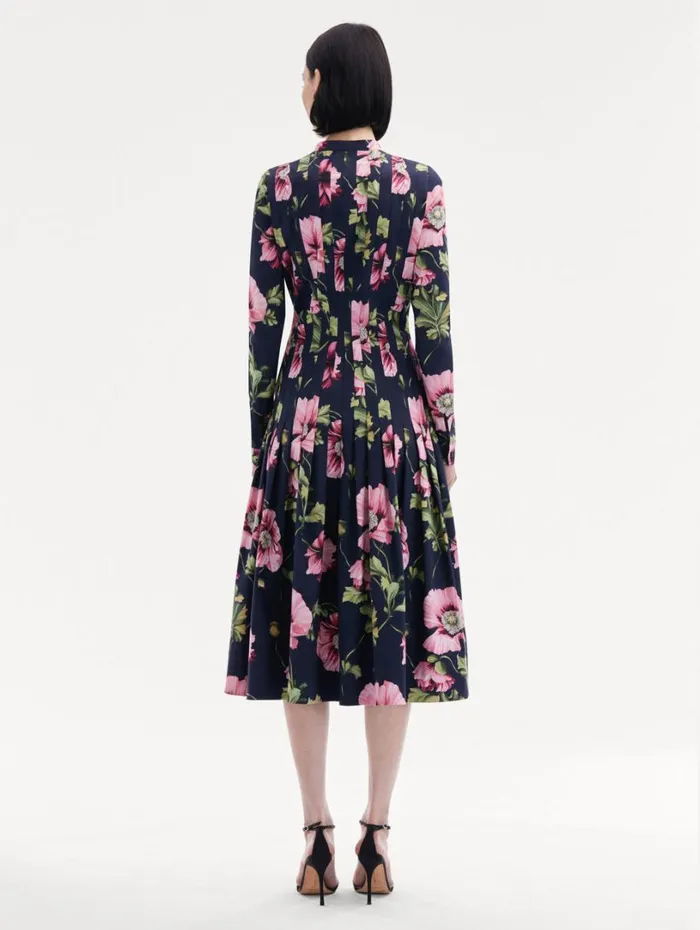 Oscar De La Renta Poppy Cotton Poplin Midi Dress Navy Pink Women Dresses Oscar De La Renta Poppy Cotton Poplin Midi Dress Navy Pink Women Dresses