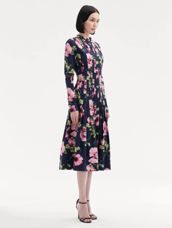 Oscar De La Renta Poppy Cotton Poplin Midi Dress Navy Pink Women Dresses Oscar De La Renta Poppy Cotton Poplin Midi Dress Navy Pink Women Dresses