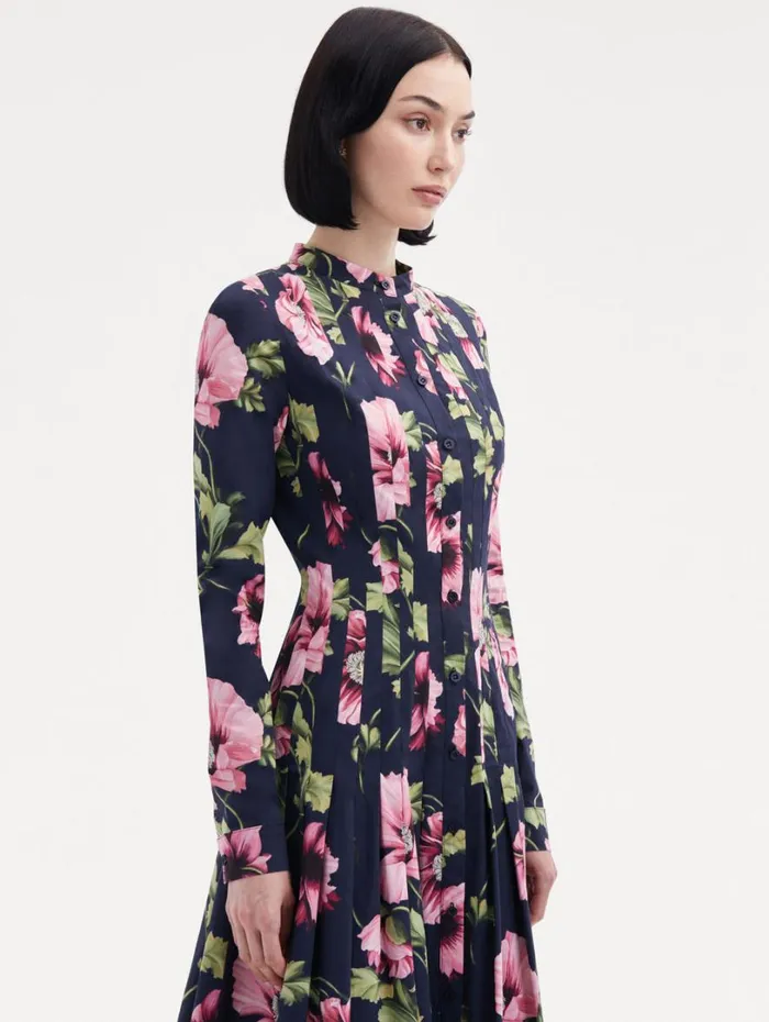 Oscar De La Renta Poppy Cotton Poplin Midi Dress Navy Pink Women Dresses Oscar De La Renta Poppy Cotton Poplin Midi Dress Navy Pink Women Dresses