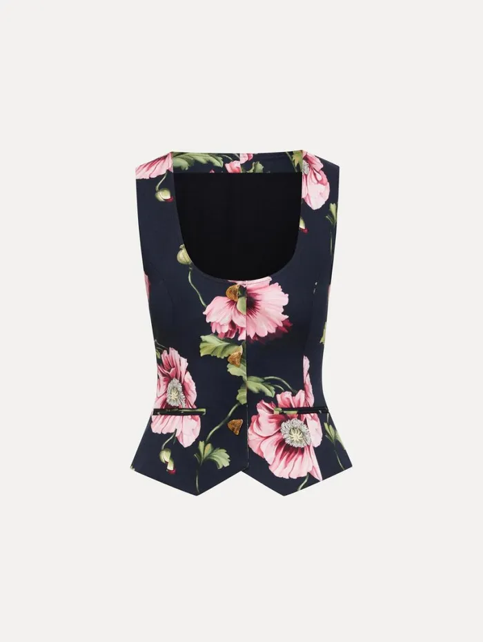 Oscar De La Renta Poppy Cotton Twill Vest Navy Pink Women Blouses and Knits