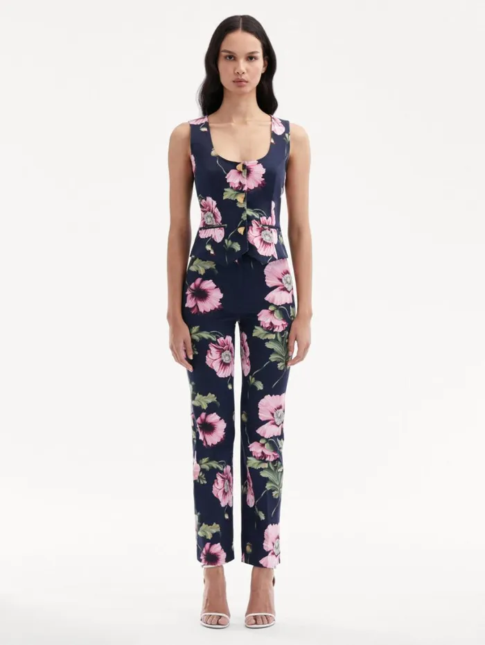 Oscar De La Renta Poppy Cotton Twill Vest Navy Pink Women Blouses and Knits Oscar De La Renta Poppy Cotton Twill Vest Navy Pink Women Blouses and Knits