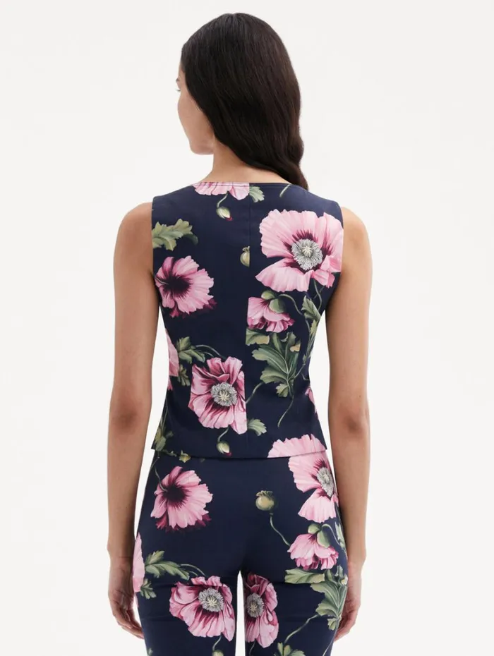 Oscar De La Renta Poppy Cotton Twill Vest Navy Pink Women Blouses and Knits Oscar De La Renta Poppy Cotton Twill Vest Navy Pink Women Blouses and Knits